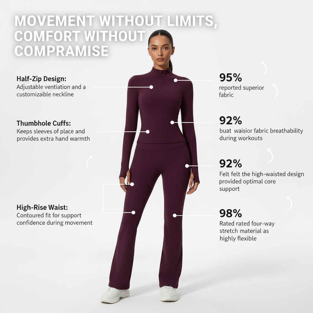 Yoga outfit with a half-zip closure, flared pants, and long-sleeved shirt.