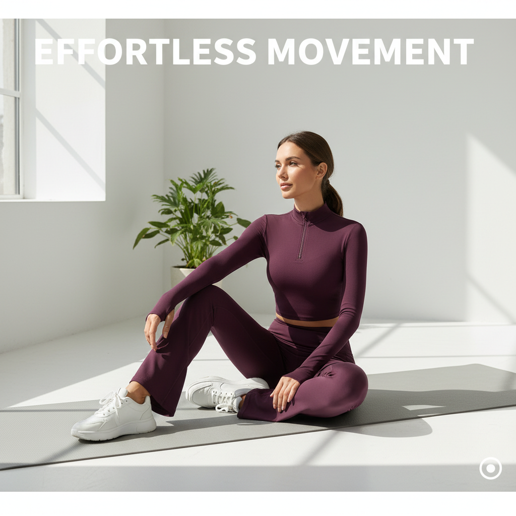 Yoga outfit with a half-zip closure, flared pants, and long-sleeved shirt.