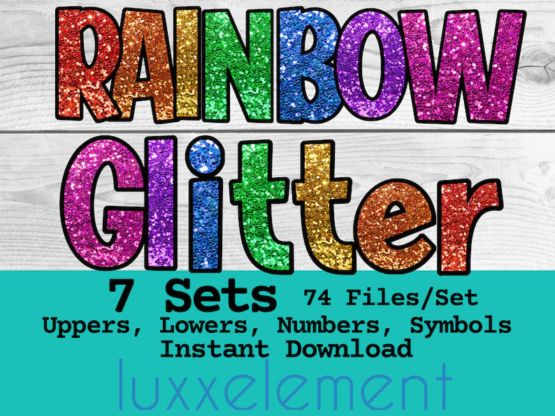 Rainbow Glitter Doodle Font PNG, Letters, Numbers, Symbols (Digital Download)