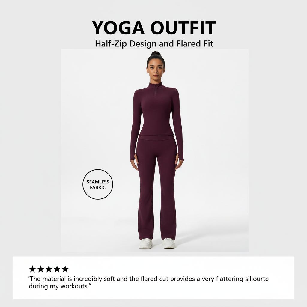Yoga outfit with a half-zip closure, flared pants, and long-sleeved shirt.