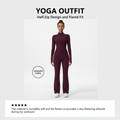 Yoga outfit with a half-zip closure, flared pants, and long-sleeved shirt.