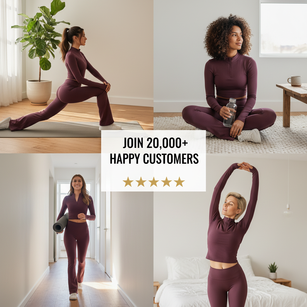 Yoga outfit with a half-zip closure, flared pants, and long-sleeved shirt.